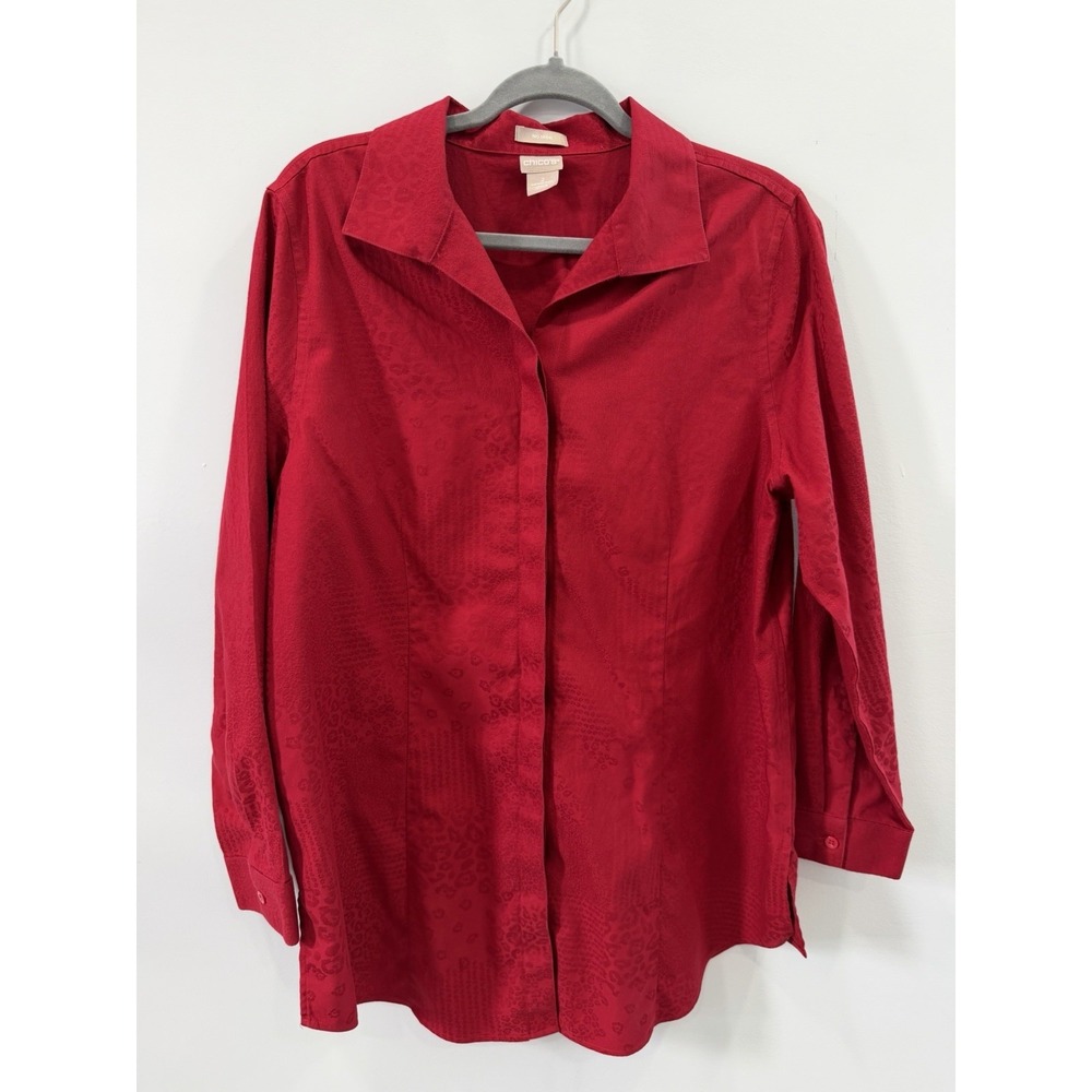 Chicos No-Iron Red Button Down Shirt Long Sleeve 100% Cotton L Jacquard Classic